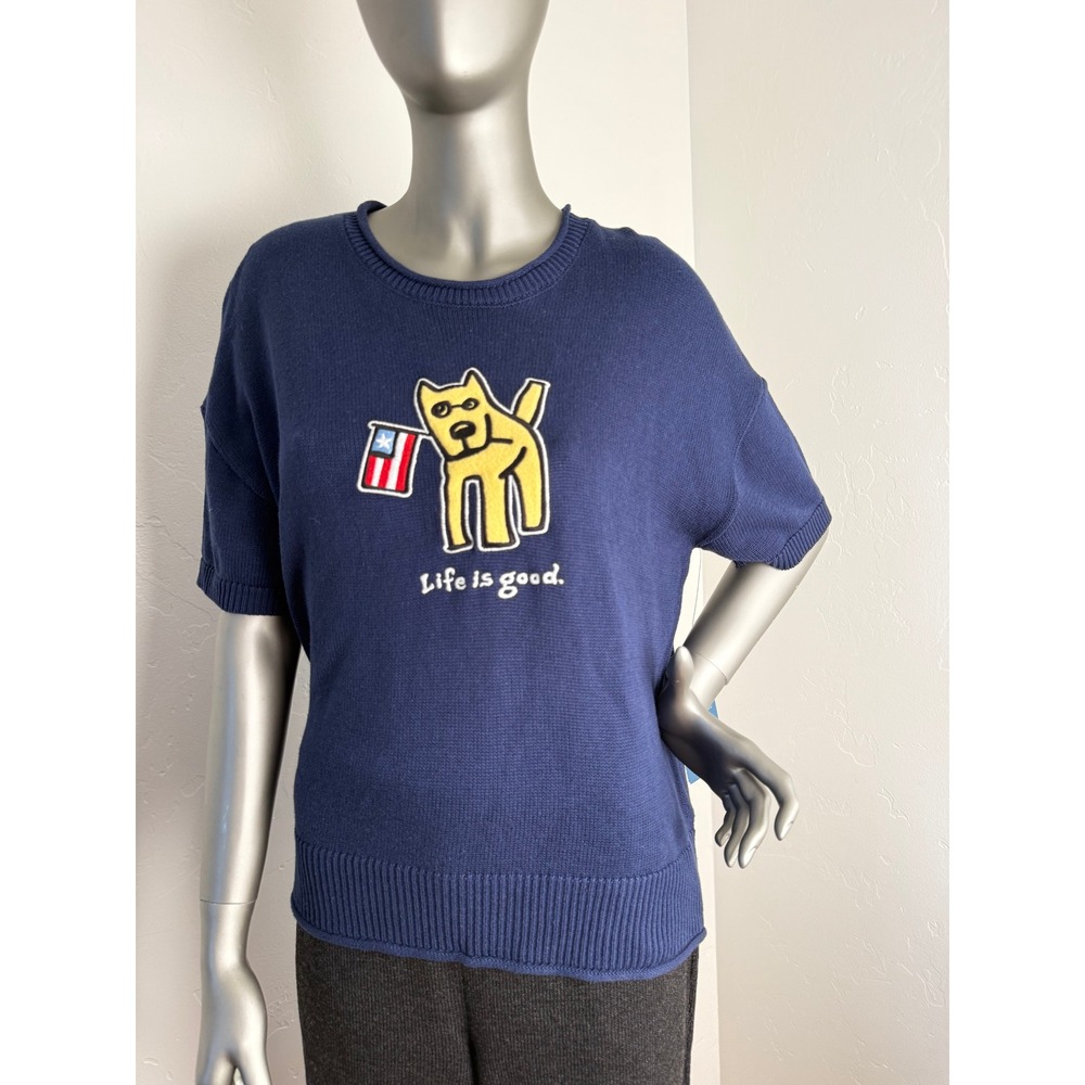 Life is Good Dog‎ American Flag Short Sleeve Navy Sweater Women's Large NWT